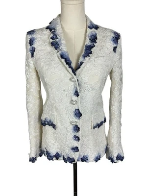 THOM BROWNE WHITE LACE BLAZER WITH BLUE OMBRE TRIM & PEARL BUTTONS $2790 RARE - Image 1 of 4