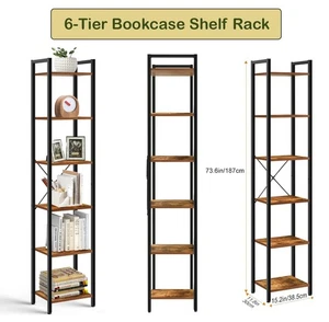 Narrow Wooden Shelf 6 Tier Rustic Rack Display Unit Metal Frame Storage Bookcase - Picture 1 of 18