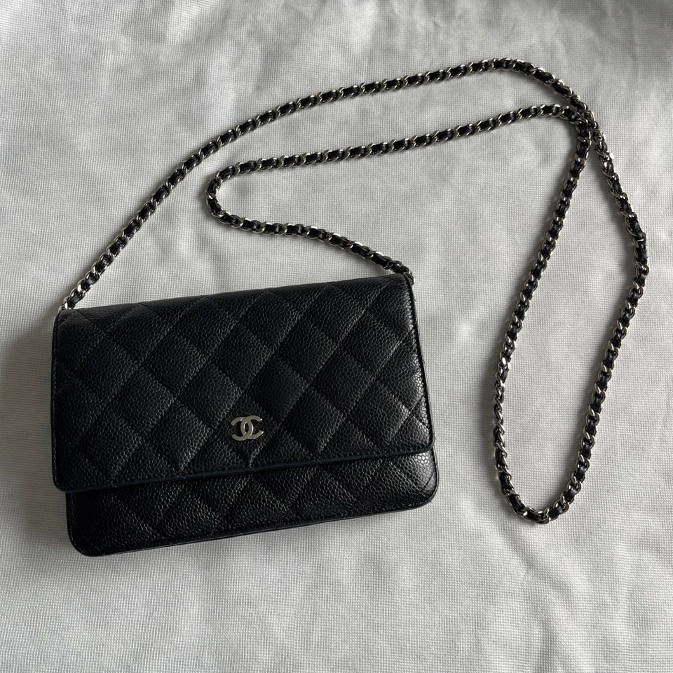 AUTHENTIC CHANEL Wallet on Chain-Black Caviar/ Silver hardware Crossbody Bag - Image 1 of 4