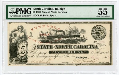 1862 Cr.87 $5 The State of NORTH CAROLINA Note - CIVIL WAR Era w/ SHIPS PMG 55 - Image 1 of 2