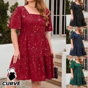 Plus Size Curvy Women Star Print Mini Dress Summer Ruffle Swing Party Dresses - Picture 1 of 22