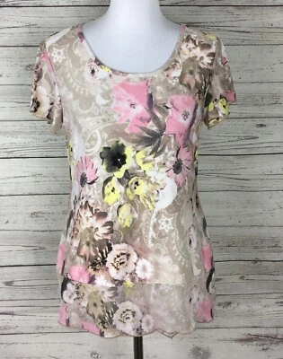 Top tejido vintage Suzie beige rosa floral asimétrico dobladillo de gasa talla S Foto 1 de 4