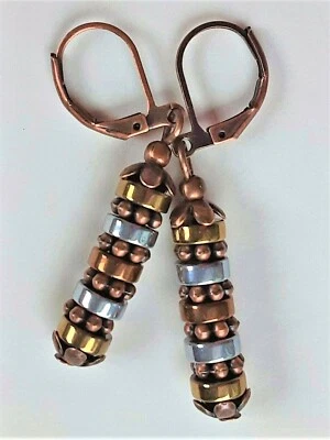 HEMATITE Copper Silver Bronze ROUNDELS leverback Handcrafted XX - Image 1 of 4