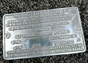 Holden LJ TORANA Restoration Model Vin 06/72 Sedan compliance tag - Picture 1 of 7