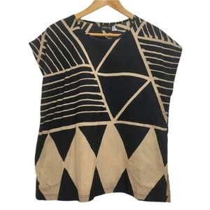 Water Lily Women’s XS Black Beige Tan Relaxed Tribal Triangle Striped Top Blouse - Picture 1 of 7