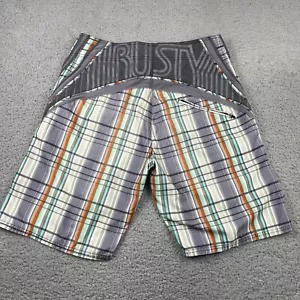 Rusty Board Shorts Swim Surf Trunks Gray Retro Stripes Spellout Mens Size 34 - Picture 1 of 14