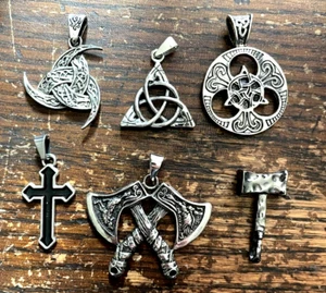 Lot 6 Celtic Metal Necklace Pendants Silver Cross Hammer War Axe - Picture 1 of 2