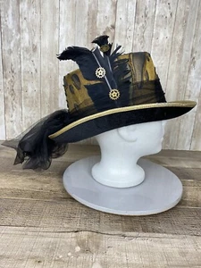Steampunk Black Old Gold Feather Gears Accessories Lace Hat Large - Picture 1 of 16