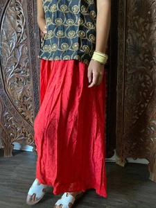 Boho Hippy Gypsy Red Embroidered Maxi Skirt Blue Tunic Top MIX MATCH M 2Pc Set 