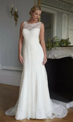 Augusta Jones Tanya 12 Cream Silk Wedding Dress Sequins Fit & Flare Train $2,772 - Image 1 of 4