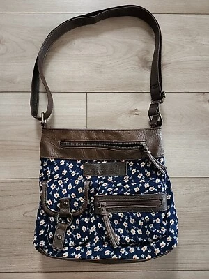 Bandolera American Eagle Azul Boho Floral Cartera Cierre de Cremallera con Cuero Marrón  Foto 1 de 4