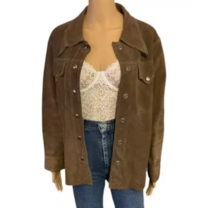 Vintage Bohemian Leather Jacket 70s Brown Western Hippie Shacket - Size Medium - Picture 1 of 10