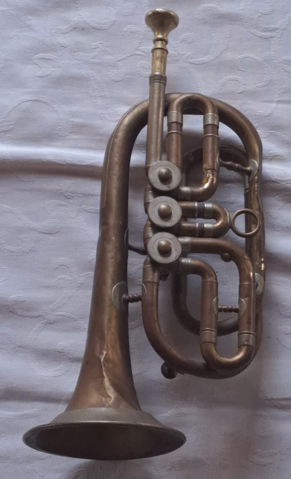 19 / 20 Jahrhundert Trompete antik Willy Köstler Graslitz Böhmen Messing - Bild 1 von 4