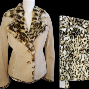 90s Y2K Suede Leather Jacket Faux Fur Leopard Lining Collar Beige Brown Sz Small - Picture 1 of 11
