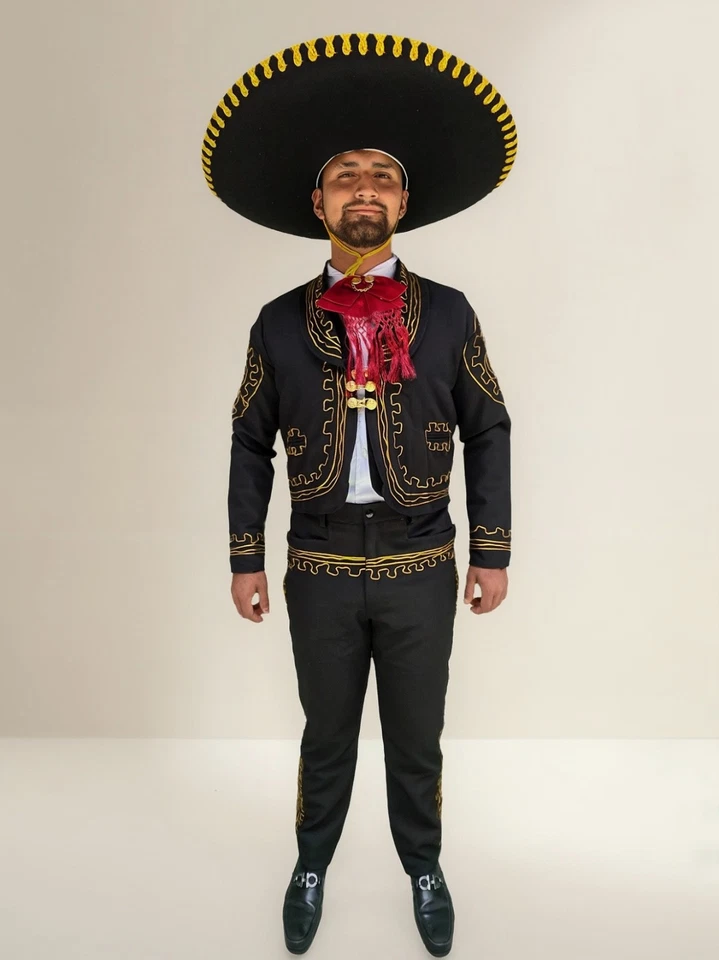 Charro Mariachi Suit for Men Black Gold Embroidery Sizes 28-36 No Sombrero - Image 1 of 4