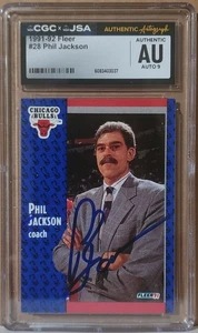 Fleer #28 1991-92 firmado por Phil Jackson entrenador en jefe de la corte CGC JSA grado automático 9 - Imagen 1 de 2