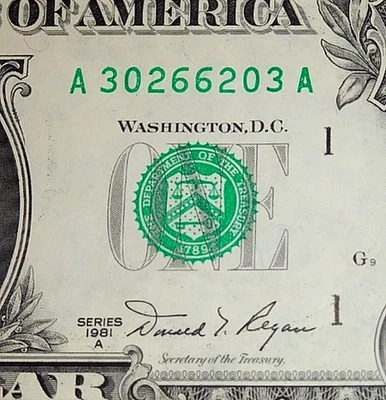A 30266203 A Fancy Serial Number $1 TRUE PERFECT Radar CU 1981A Note Dollar Bill - Image 1 of 3