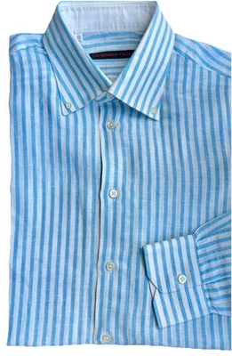 Bijan-Blue Striped Long Sleeve Linen Dress Shirt-Oxford-17.5/44-Italy - Image 1 of 4
