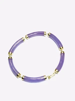 "Pulsera de jadeíta lavanda cilíndrica de oro amarillo macizo de 14K cierre de filigrana 7,1/16""" Foto 1 de 4