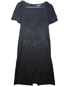 Antonio Melani Jacquard Satin Brocade Dress 12 Black Puff Sleeve Luxe WhimsiGoth - Picture 1 of 17