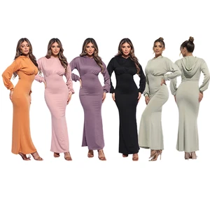 Hooded Long Sleeve Maxi Dress – Fitted Casual Chic Sweatshirt Gown - Picture 1 of 11