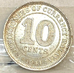 MALAYA 1941   TEN 10 CENTS   LOW MINTAGE RARE   KEY DATE VERY SCARCE - Picture 1 of 2