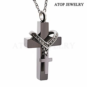 Collar de urna cruzada para cenizas colgante de cremación conmemorativo joyería negro - Imagen 1 de 7