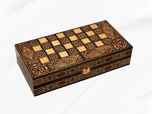 Backgammon Board & Chess Set From Lebanon - Handmade Wood Mosaic & Pearl 12” - Picture 1 of 6