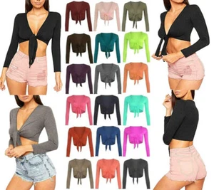 Ladies Long Sleeve Tie Up Front Cropped Shrug Womens Bolero Plain Cardigan Top - Picture 1 of 20