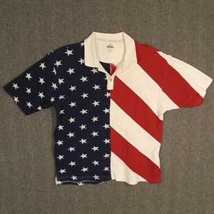 Red Head Flag Polo Shirt Mens Size Large SS 1/4 Button Up Cotton Red White Blue - Picture 1 of 14