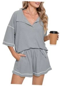 Womens 2 Piece Pajama Sets Short Sleeve Tops Lounge Sets Casual 2 Large Gray - Picture 1 of 8