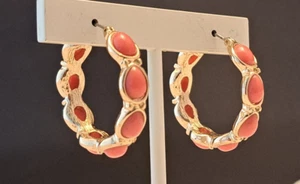 Vintage Napier Coral Cabochon Gold Tone Hoop Post Earrings - Picture 1 of 9