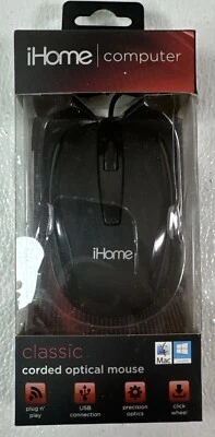 NEW iHome Computer Classic Corded Optical USB Wired Black Mouse # IH-M600B - Image 1 of 4