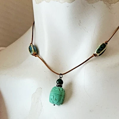925 Turquoise Blue Scarab Art Glass Jade Leather Choker Necklace 15.75-17.25" - Image 1 of 4