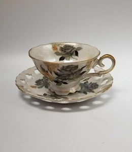 vintage rare pearl yellow grey roses gold trimmed teacup saucer set japan - Picture 1 of 12