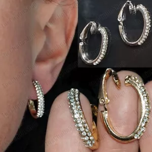 CLIP ON sparkly rhinestone CRYSTAL HUGGIE EARRINGS oval hoop GOLD/SILVER TONE - Picture 1 of 10