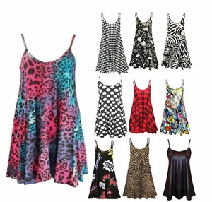 Damen Camisole Cami ausgestellter Skater Riemenweste Oberteil Schaukel Minikleid 8-26 - Bild 1 von 11