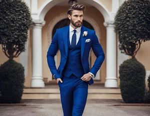 Herren Königsblau 3 Teiler Anzug Slim Fit Ein Knopf Hochzeit Blazer Weste Hose Set - Bild 1 von 7