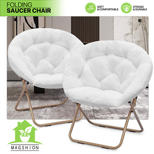 2 Pcs Folding Saucer Chair White Oversized Faux Fur Round Cozy Moon Lounge Seat