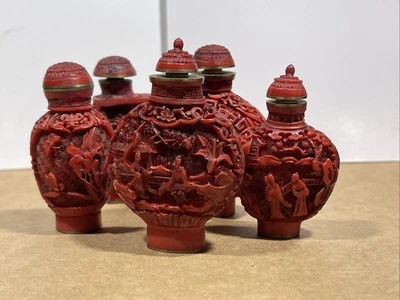 Vintage Antique Chinese Snuff Bottles Carved Cinnabar Red Lacquer Lot Of 5 - Image 1 of 4