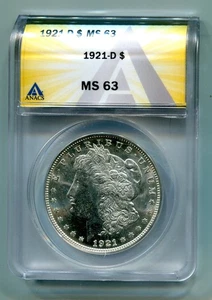 Dólar de plata Morgan 1921-D Anacs MS63 BONITA MONEDA ORIGINAL CALIDAD PREMIUM PQ - Imagen 1 de 4