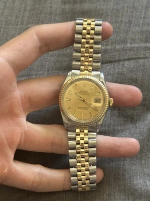 Reloj Rolex 1601 de colección dos tonos Datejust 36 mm para hombre cara dorada correa Jubilee Foto 1 de 4
