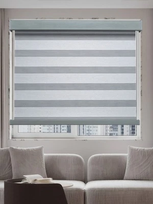 Cordless Zebra Blind Dual Layer Light Filtering Privacy Shades in Gray and Beige - Image 1 of 4