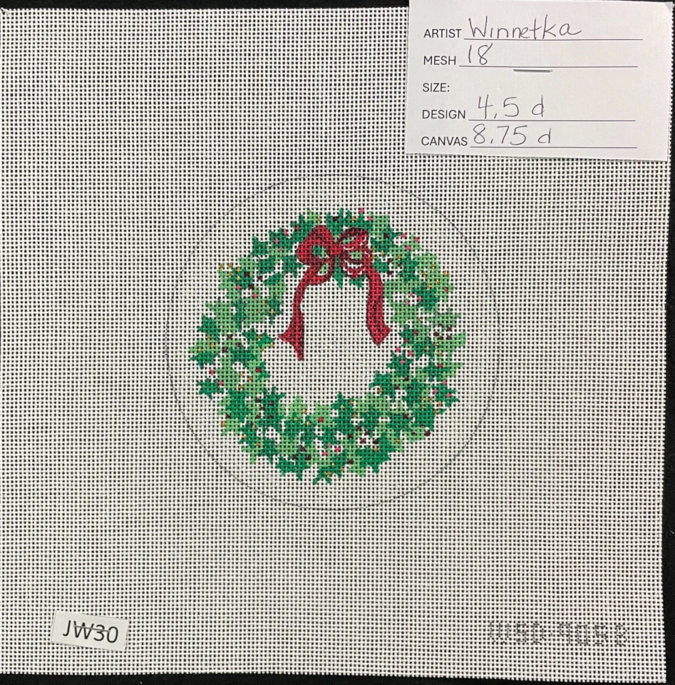 HP Needlepoint 18ct WINNETKA Christmas Holly Wreath, Red Ribbon Ornament-JW30 - Image 1 of 1