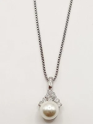 Collana Catenina Argento 925 Donna Ciondolo Goccia Zirconi Tipo Diamanti Perla  - Immagine 1 di 4