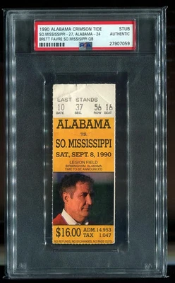Boleto de fútbol americano Brett Favre College - PSA 1990 Southern Mississippi Alabama 9/8  Foto 1 de 2