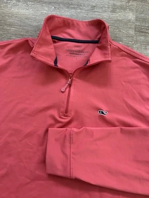 Vineyard Vines Men’s Performance 1/4 Zip Pullover Sweater Golf Coral Pink Whale - Image 1 of 4