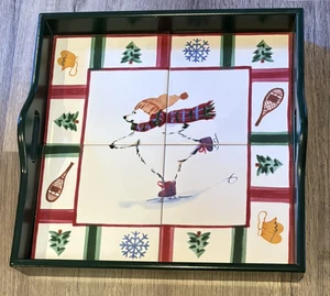 Pfaltzgraff Christmas Snow Bear Ceramic Tiles Wood Handled Serving Tray - NEW - Picture 1 of 3