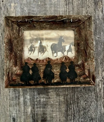 Weathered Barnwood Barbed Wire and Cowboys Silloutte Picture Frame-Resin - Image 1 of 3