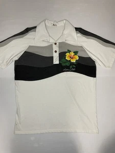 VTG Lightning Bolt Polo Shirt Single Stitch Hibiscus Flower Graphic L XL READ - Picture 1 of 9